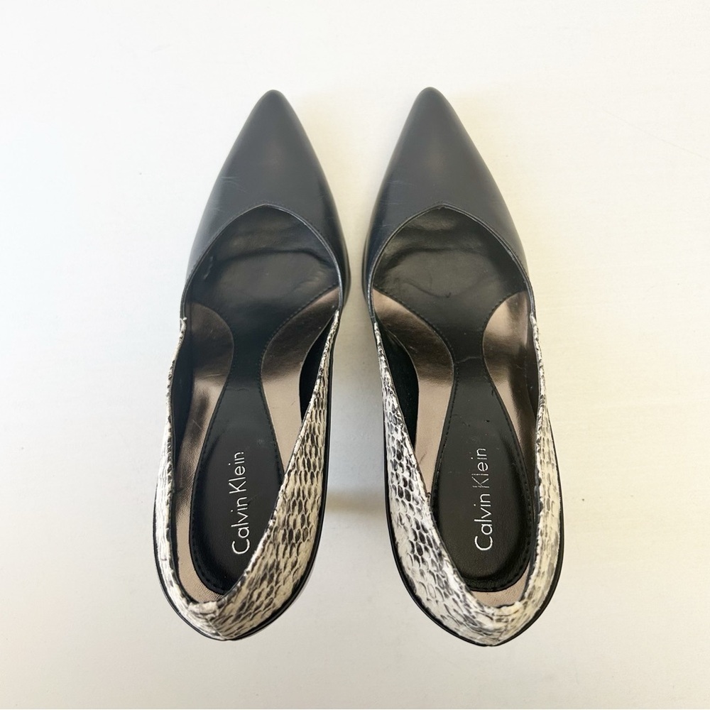 Calvin Klein Black and Snake Print Leather High Heels Pointed Toe Pumps Size 7 - Picture 8 of 15